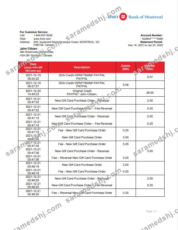 Canada Bank of Montreal bank statement template in Word and PDF format (.doc and .pdf)